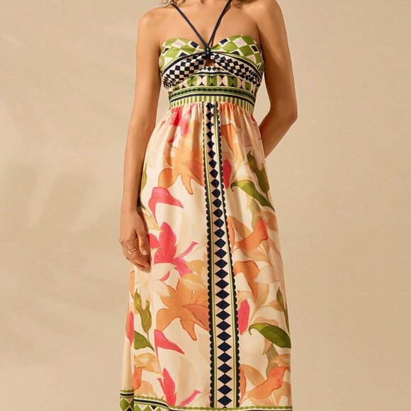 Multicolor Boho Women's Floral Print Hollow Out Sleeveless Extra Long Dress - Picture 5 of 7